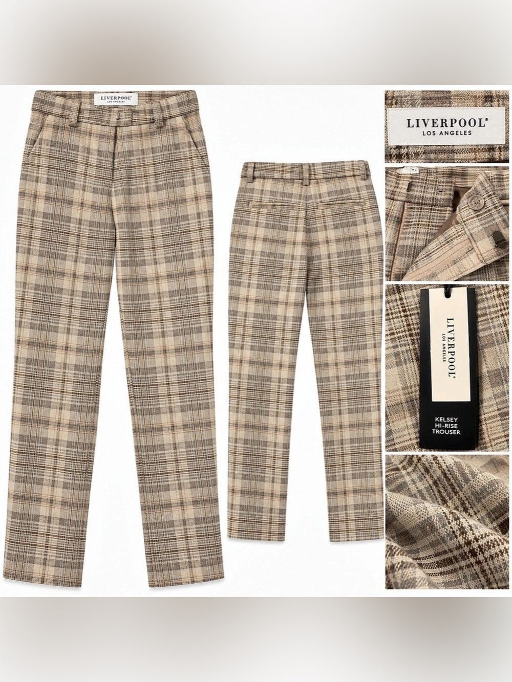 Liverpool Kelsey Hi-Rise Trouser Plaid Trousers in Brown & Beige Size 10/30 NWT